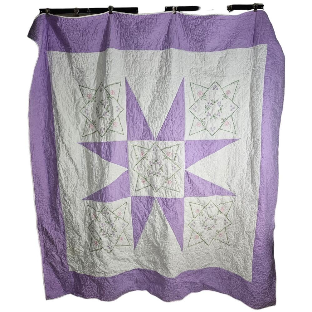 Handmade‎ Embroidered Quilt Purple Green Pink White Starburst 76" by 74" Vtg
